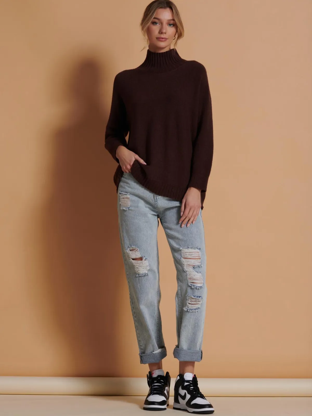 Jolie Moi Knitted Jumpers-Loose Fit High Neck Jumper, Maroon