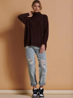 Jolie Moi Knitted Jumpers-Loose Fit High Neck Jumper, Maroon