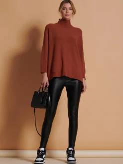 Jolie Moi Weekend Casuals|Knitted Jumpers-Loose Fit High Neck Jumper, Rusty Red