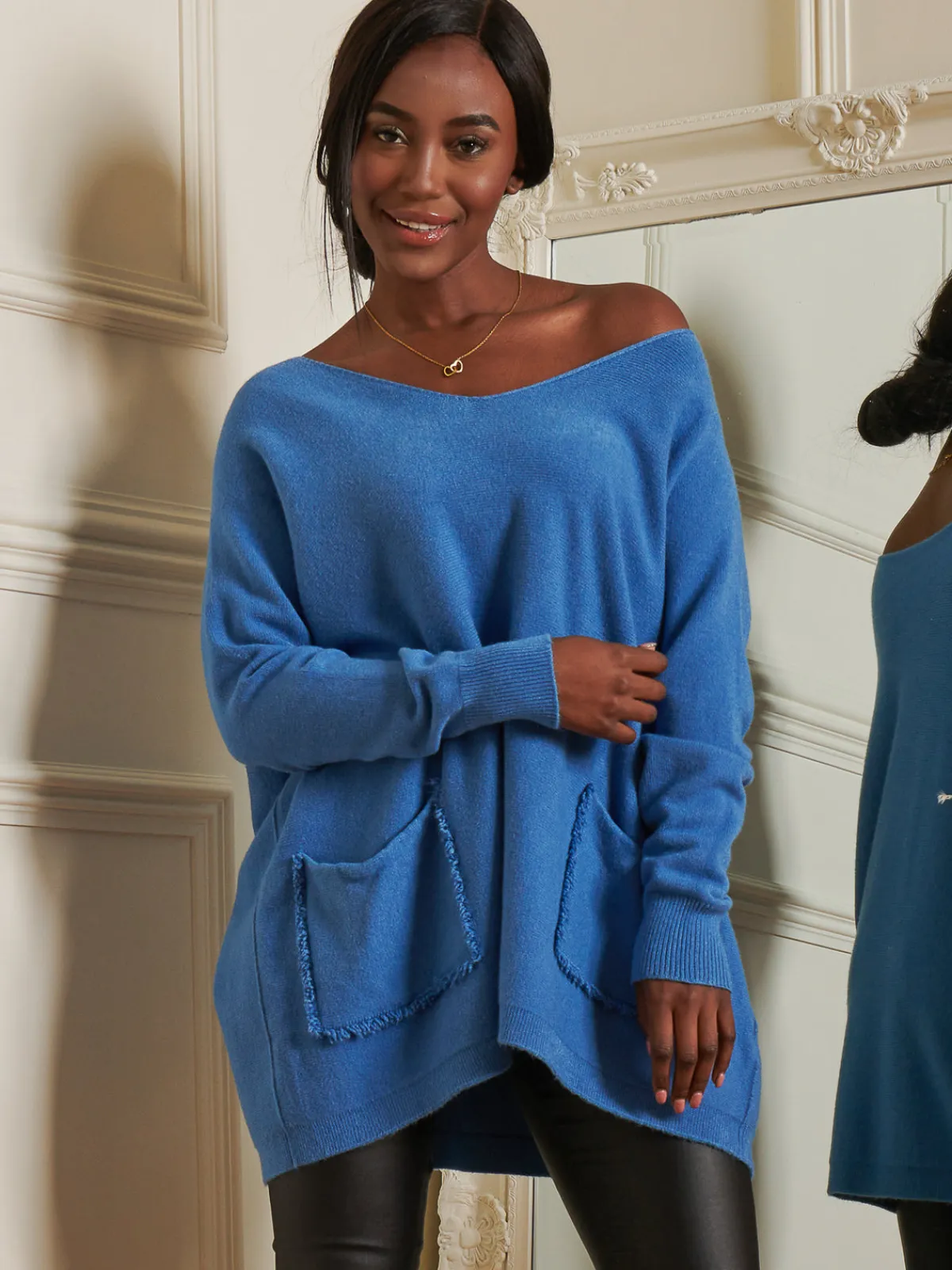 Jolie Moi Knitted Jumpers-Loose Fit Pocket Knit Jumper, Cornflower Blue