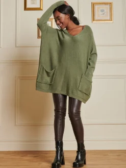 Jolie Moi Knitted Jumpers-Loose Fit Pocket Knit Jumper, Soldier Green