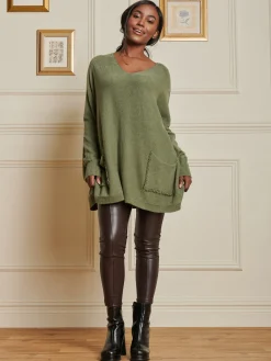 Jolie Moi Knitted Jumpers-Loose Fit Pocket Knit Jumper, Soldier Green