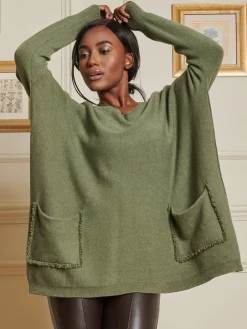Jolie Moi Knitted Jumpers-Loose Fit Pocket Knit Jumper, Soldier Green