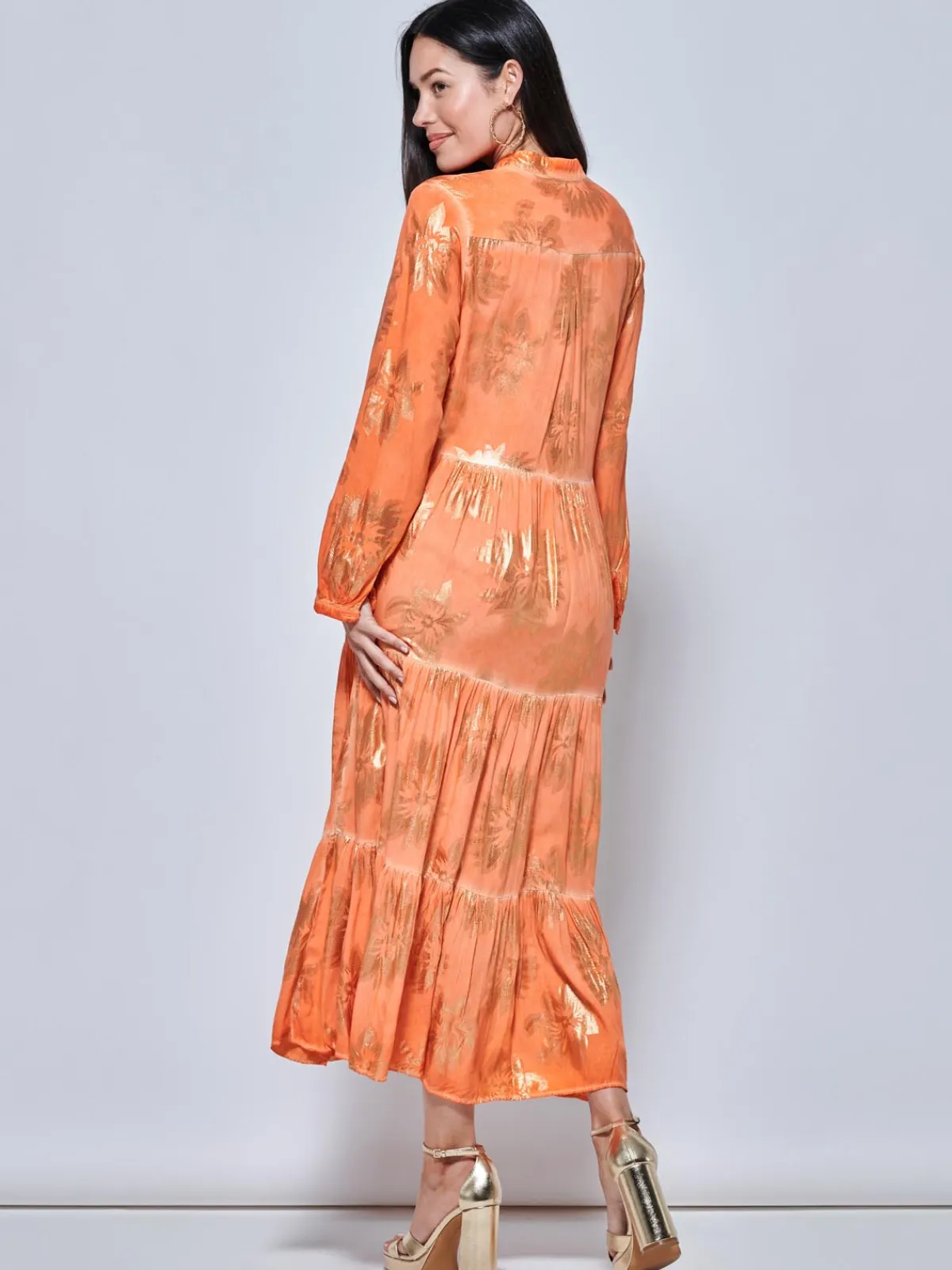 Jolie Moi Occasion Dresses|Shirt Dresses-ooe Fit Tiered Hoiday axi hirt Dre, Orange Multi
