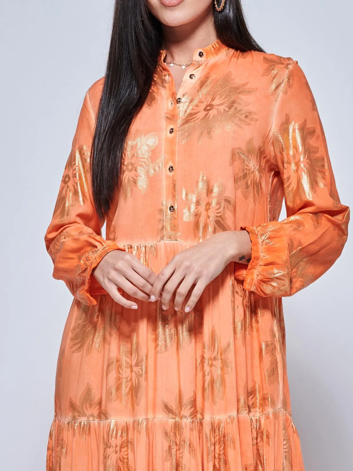 Jolie Moi Occasion Dresses|Shirt Dresses-ooe Fit Tiered Hoiday axi hirt Dre, Orange Multi