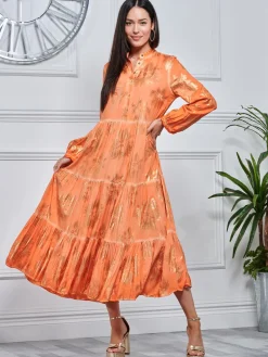 Jolie Moi Occasion Dresses|Shirt Dresses-ooe Fit Tiered Hoiday axi hirt Dre, Orange Multi