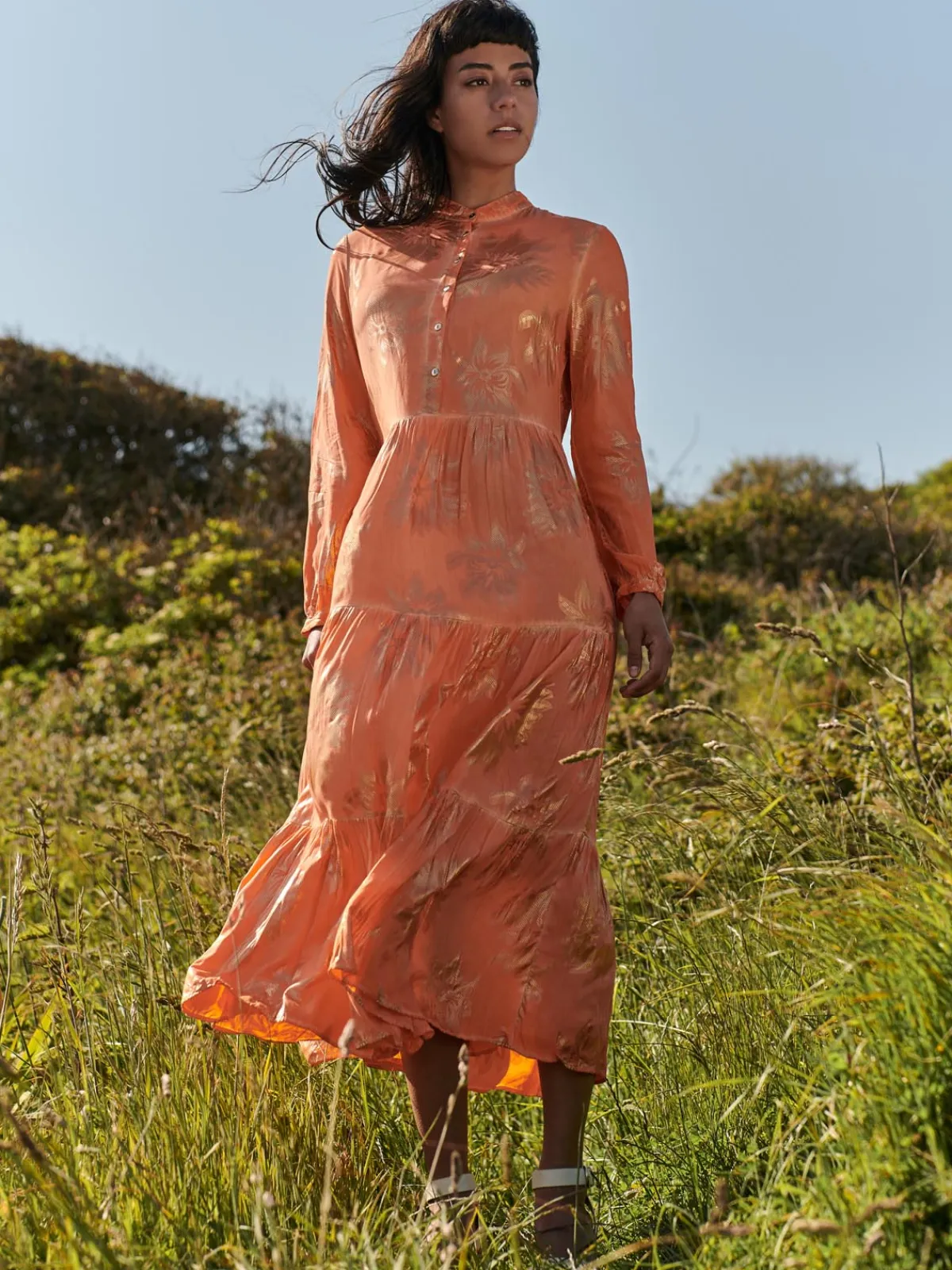 Jolie Moi Occasion Dresses|Shirt Dresses-ooe Fit Tiered Hoiday axi hirt Dre, Orange Multi