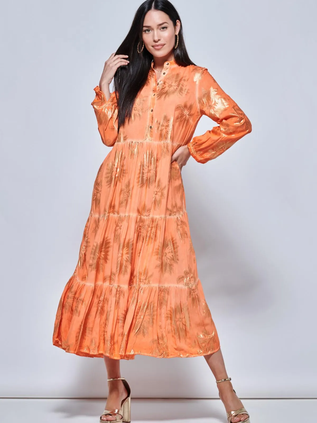 Jolie Moi Occasion Dresses|Shirt Dresses-ooe Fit Tiered Hoiday axi hirt Dre, Orange Multi