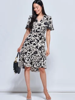 Jolie Moi Occasion Dresses|Office Dresses-Loretta Wrap Tie Waist Skater Dress, Abstract Multi