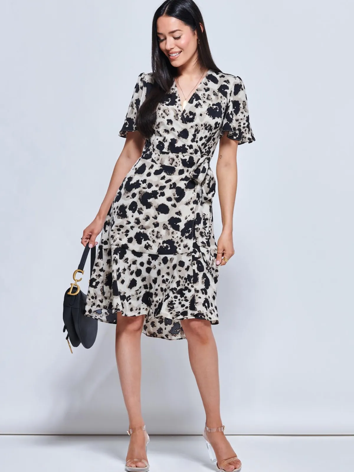 Jolie Moi Occasion Dresses|Office Dresses-Loretta Wrap Tie Waist Skater Dress, Abstract Multi