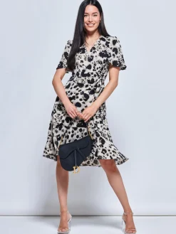 Jolie Moi Occasion Dresses|Office Dresses-Loretta Wrap Tie Waist Skater Dress, Abstract Multi