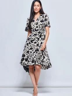 Jolie Moi Occasion Dresses|Office Dresses-Loretta Wrap Tie Waist Skater Dress, Abstract Multi