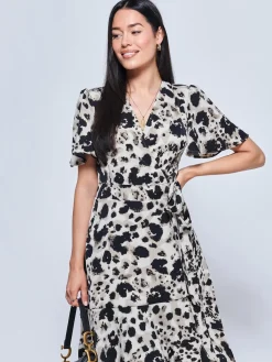 Jolie Moi Occasion Dresses|Office Dresses-Loretta Wrap Tie Waist Skater Dress, Abstract Multi