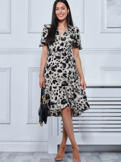 Jolie Moi Occasion Dresses|Office Dresses-Loretta Wrap Tie Waist Skater Dress, Abstract Multi