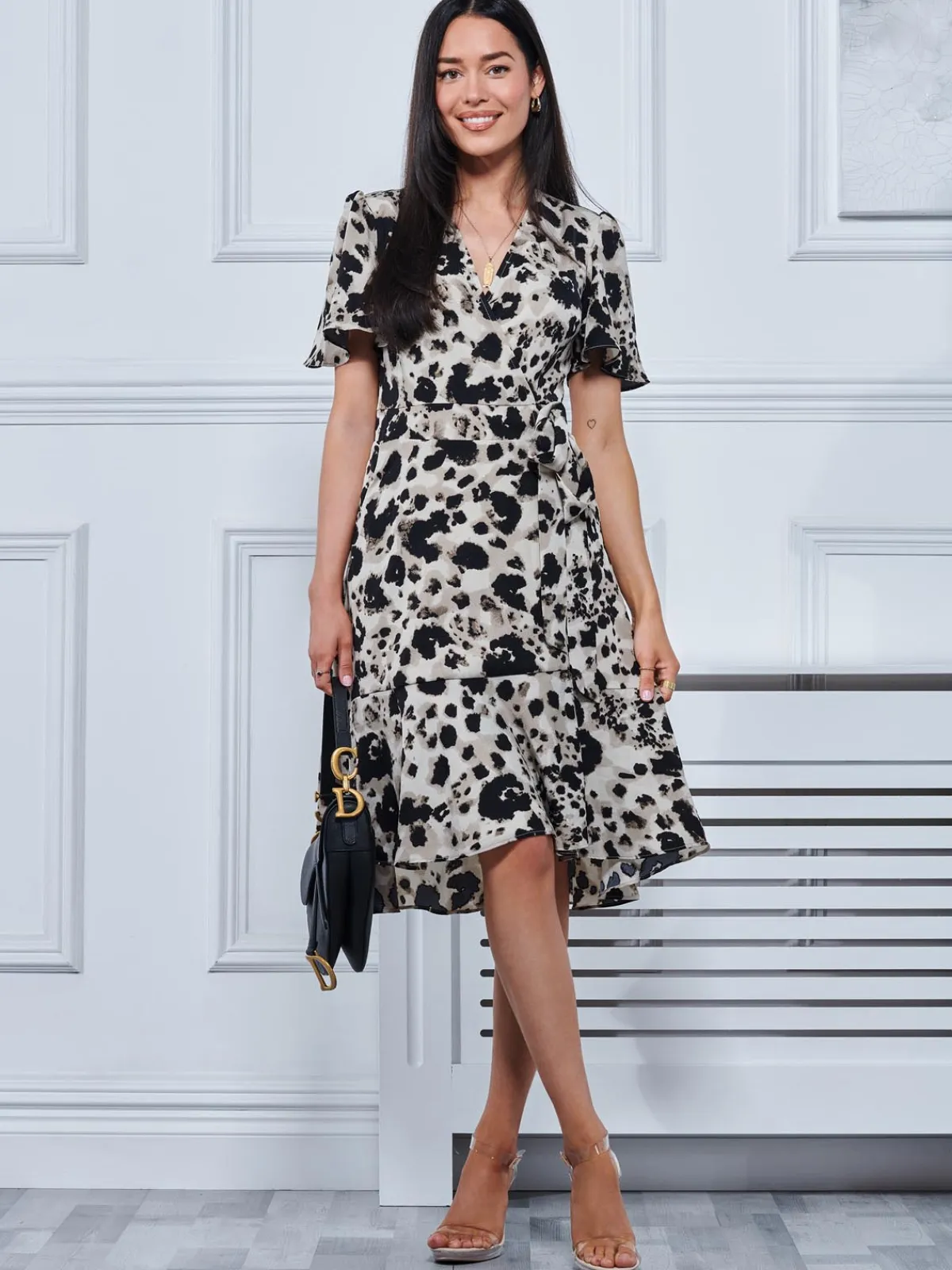 Jolie Moi Occasion Dresses|Office Dresses-Loretta Wrap Tie Waist Skater Dress, Abstract Multi
