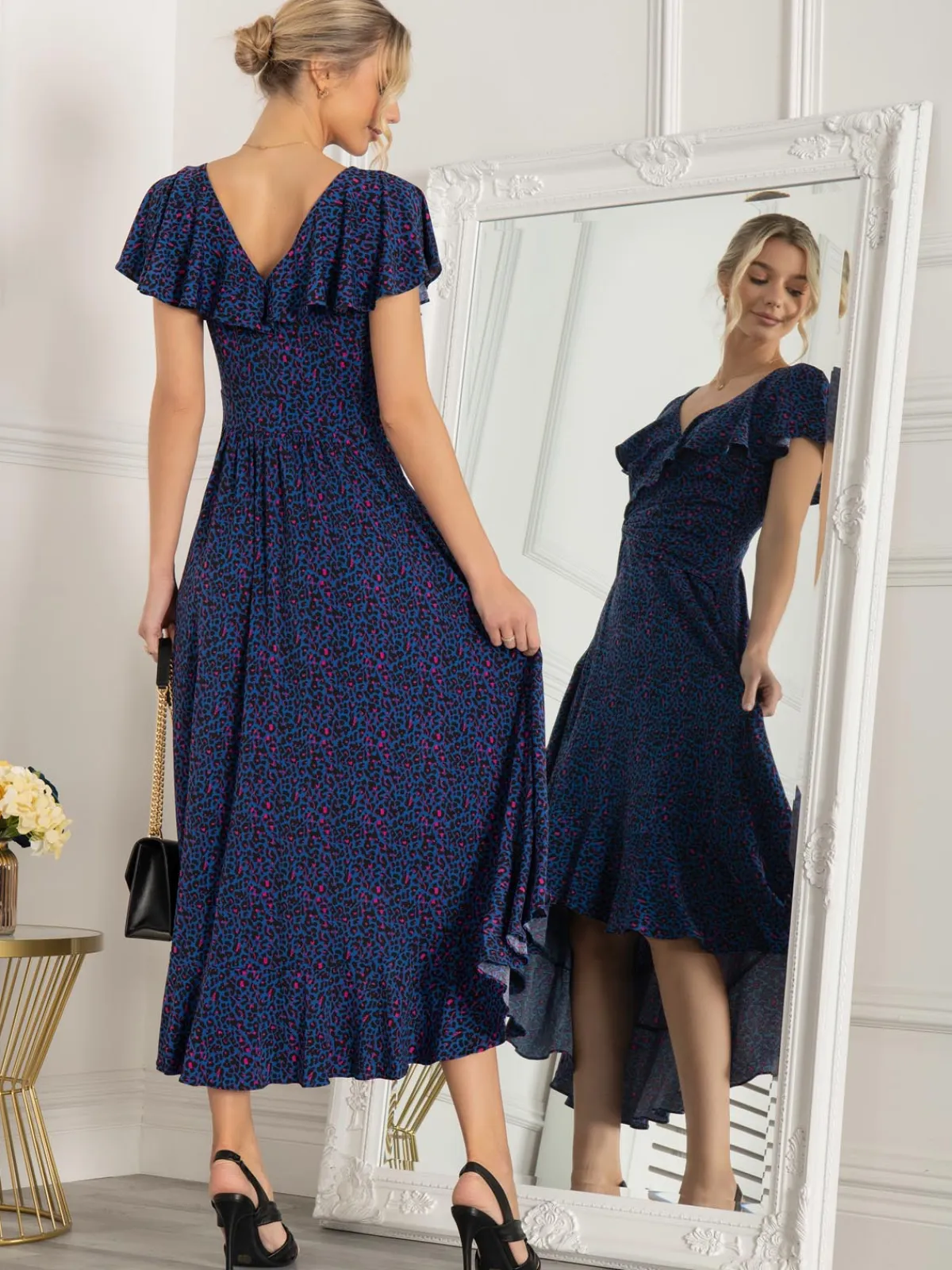 Jolie Moi Occasion Dresses|Jersey Dresses-Luciana Frilly Dip Leopard Maxi Dress, Blue Animal