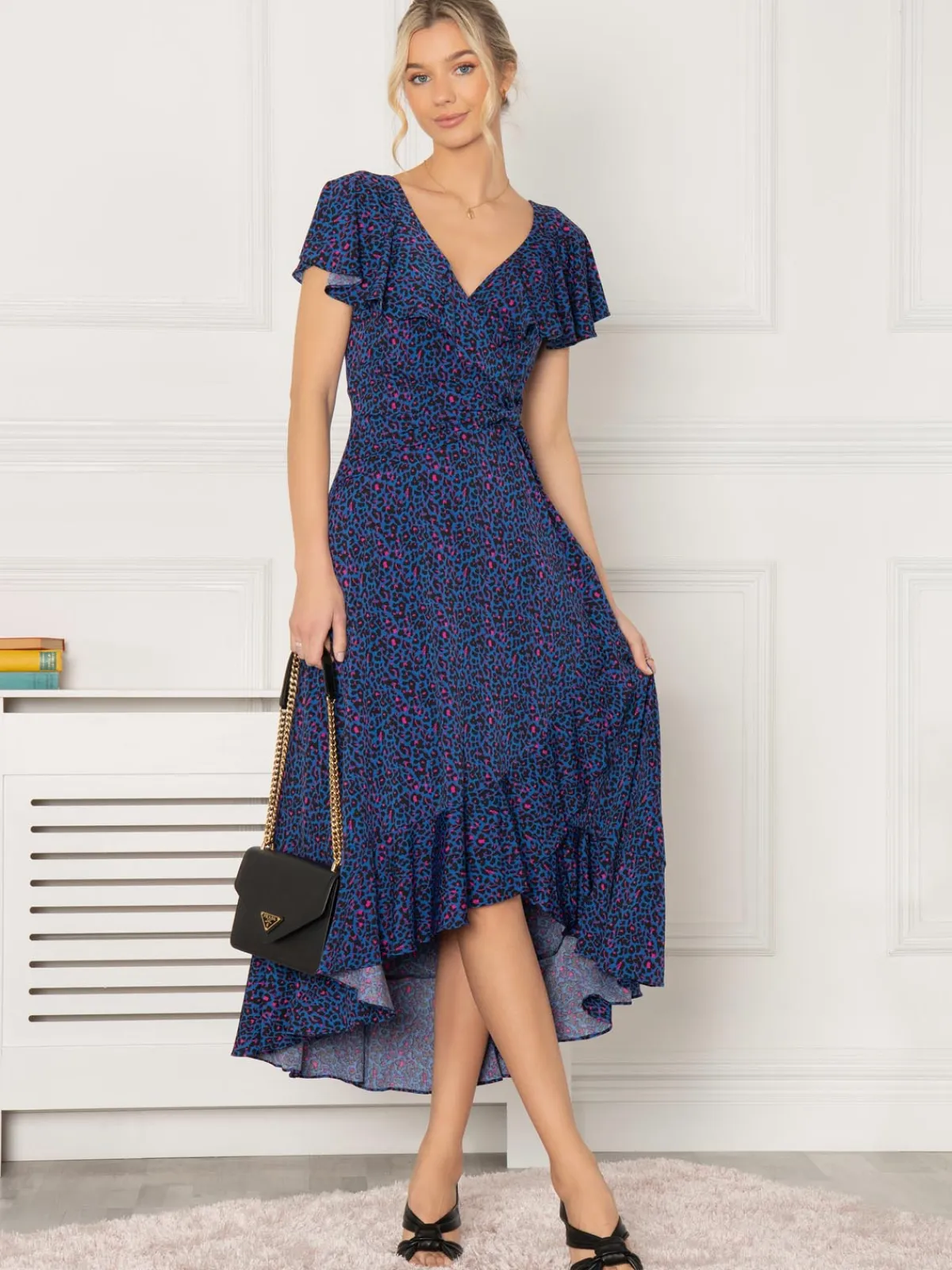 Jolie Moi Occasion Dresses|Jersey Dresses-Luciana Frilly Dip Leopard Maxi Dress, Blue Animal