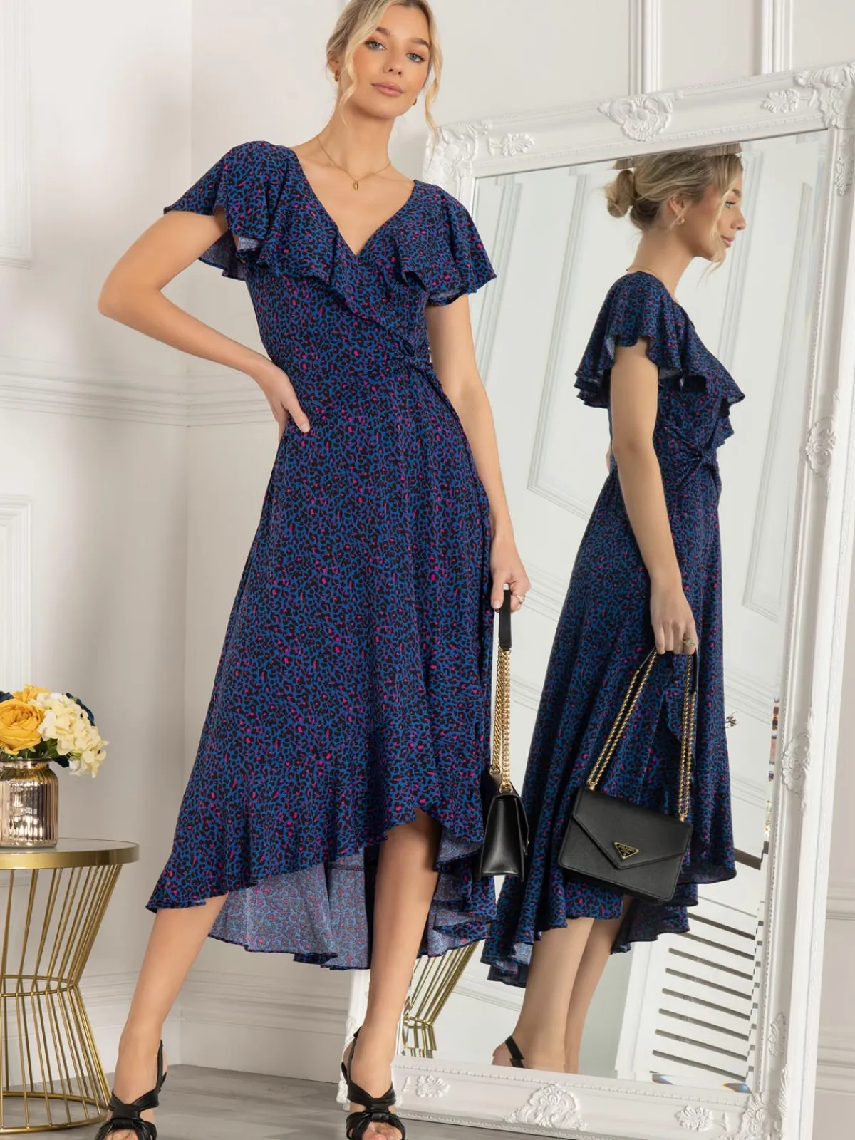 Jolie Moi Occasion Dresses|Jersey Dresses-Luciana Frilly Dip Leopard Maxi Dress, Blue Animal