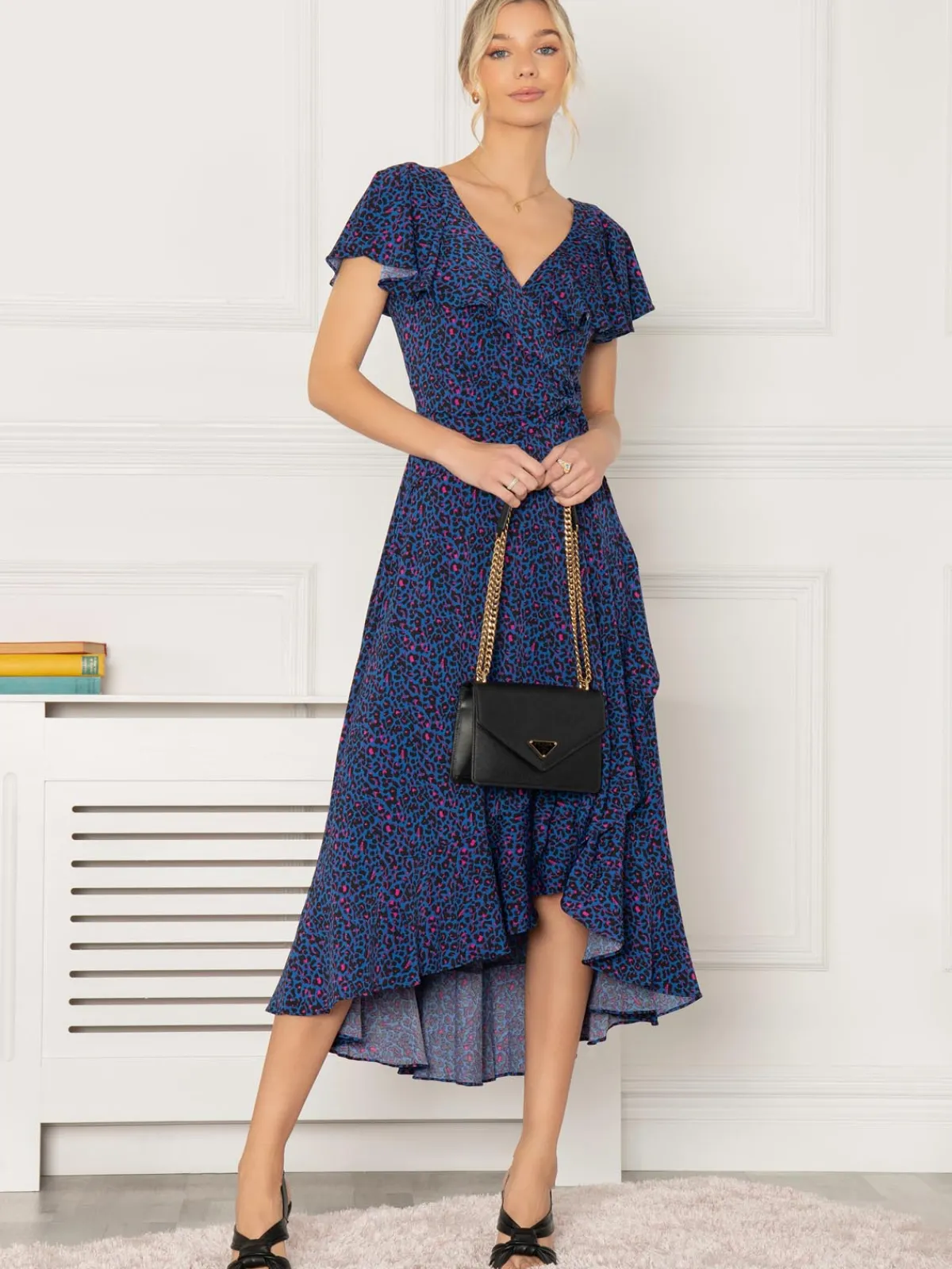 Jolie Moi Occasion Dresses|Jersey Dresses-Luciana Frilly Dip Leopard Maxi Dress, Blue Animal
