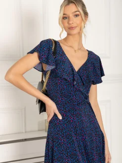 Jolie Moi Occasion Dresses|Jersey Dresses-Luciana Frilly Dip Leopard Maxi Dress, Blue Animal