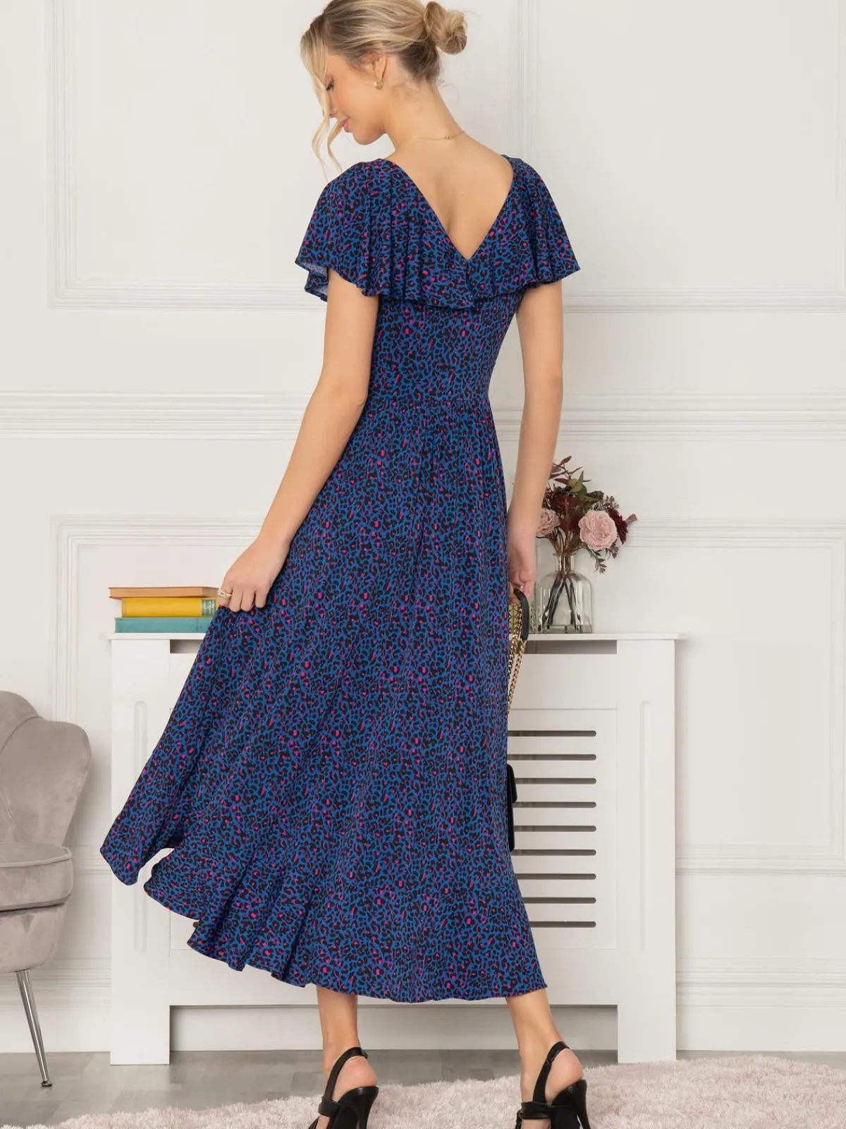 Jolie Moi Occasion Dresses|Jersey Dresses-Luciana Frilly Dip Leopard Maxi Dress, Blue Animal