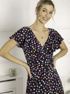 Jolie Moi Occasion Dresses|Jersey Dresses-Luciana Frilly Dipped Hem Dress, Navy Polka Dot