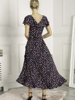 Jolie Moi Occasion Dresses|Jersey Dresses-Luciana Frilly Dipped Hem Dress, Navy Polka Dot