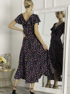Jolie Moi Occasion Dresses|Jersey Dresses-Luciana Frilly Dipped Hem Dress, Navy Polka Dot