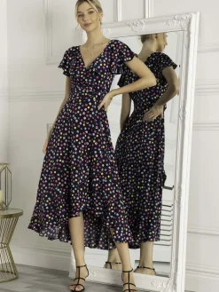 Jolie Moi Occasion Dresses|Jersey Dresses-Luciana Frilly Dipped Hem Dress, Navy Polka Dot