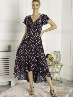 Jolie Moi Occasion Dresses|Jersey Dresses-Luciana Frilly Dipped Hem Dress, Navy Polka Dot