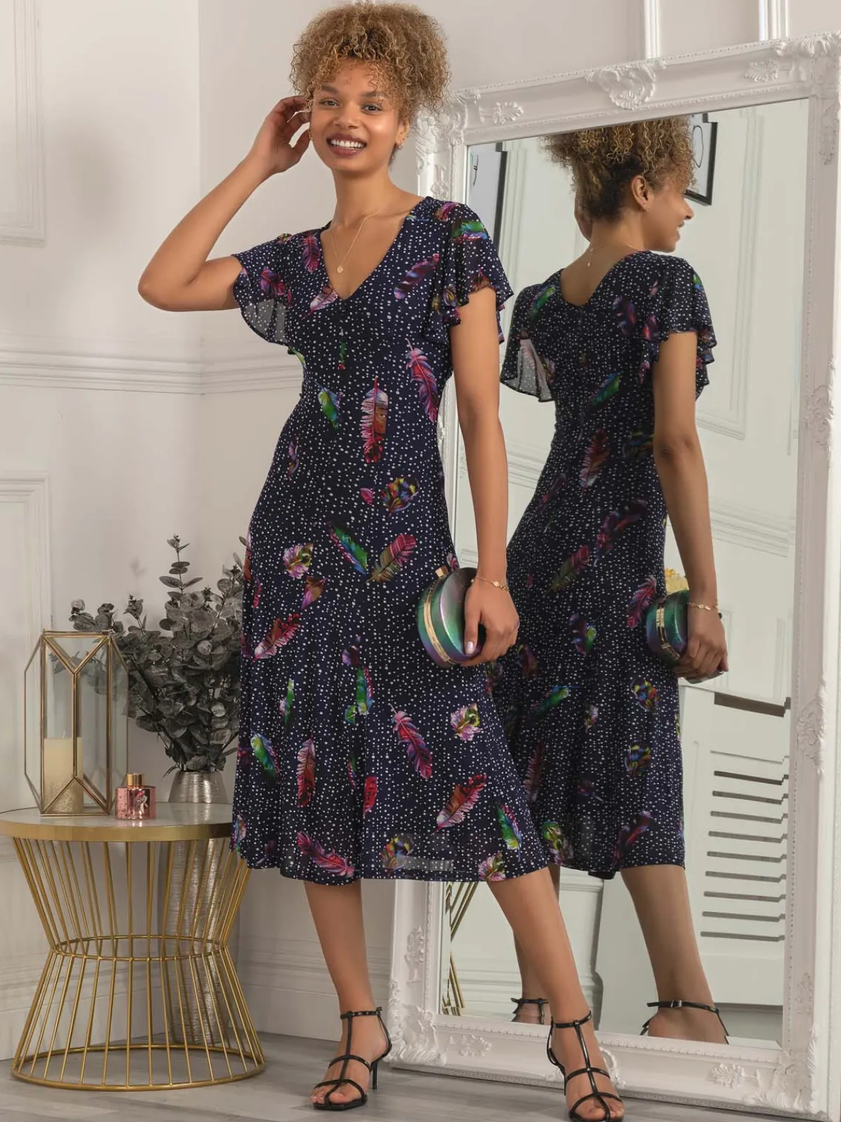 Jolie Moi Occasion Dresses|Weekend Casuals-Lucille Fit & Flare Mesh Dress, Navy Multi