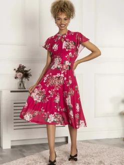 Jolie Moi Occasion Dresses|Mesh Dresses-Luella Floral Print Mesh Dress, Purple Floral