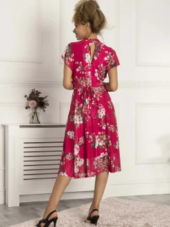 Jolie Moi Occasion Dresses|Mesh Dresses-Luella Floral Print Mesh Dress, Purple Floral