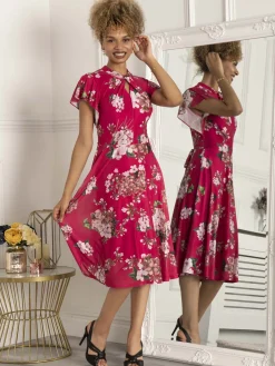 Jolie Moi Occasion Dresses|Mesh Dresses-Luella Floral Print Mesh Dress, Purple Floral