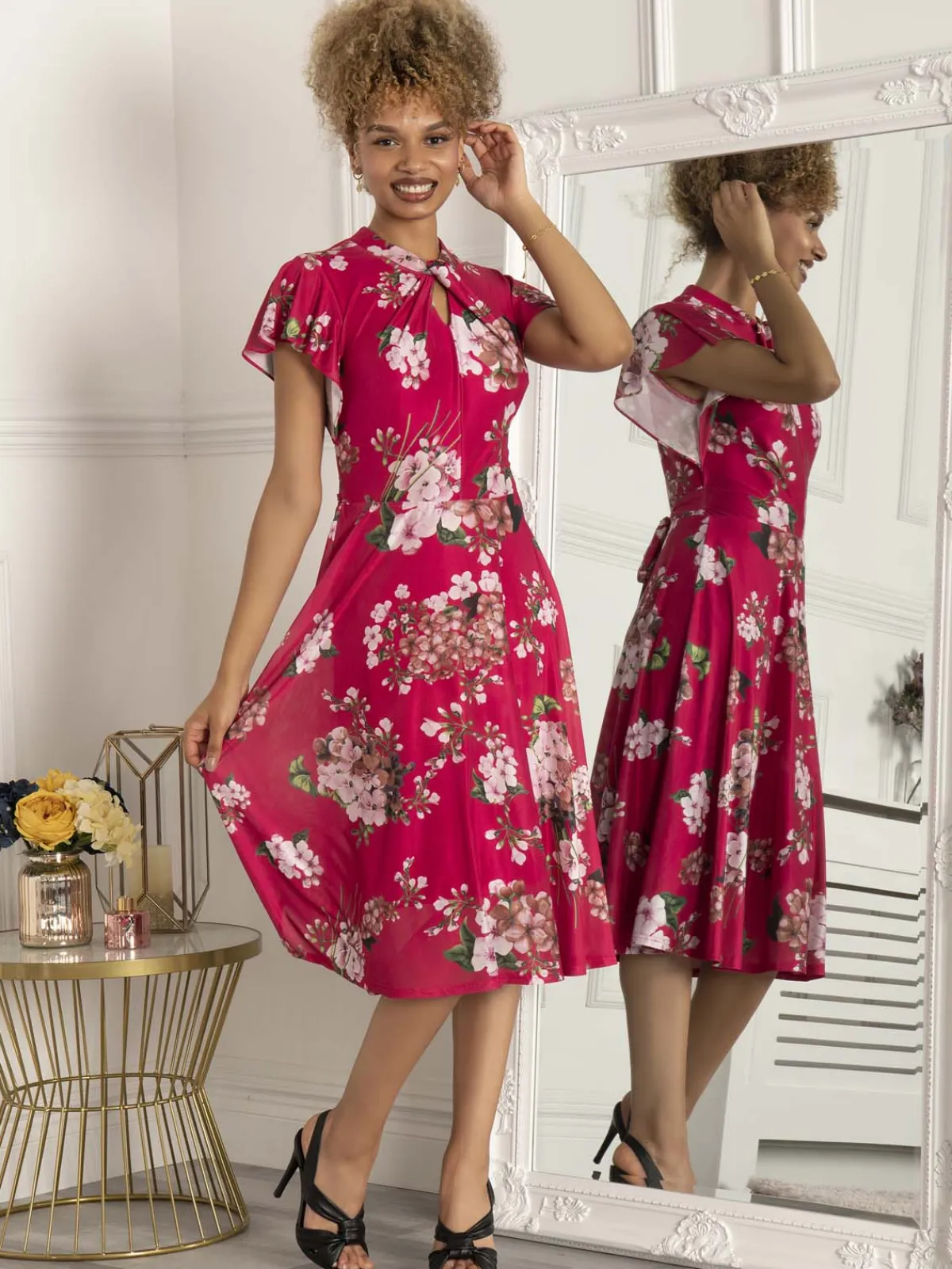 Jolie Moi Occasion Dresses|Mesh Dresses-Luella Floral Print Mesh Dress, Purple Floral