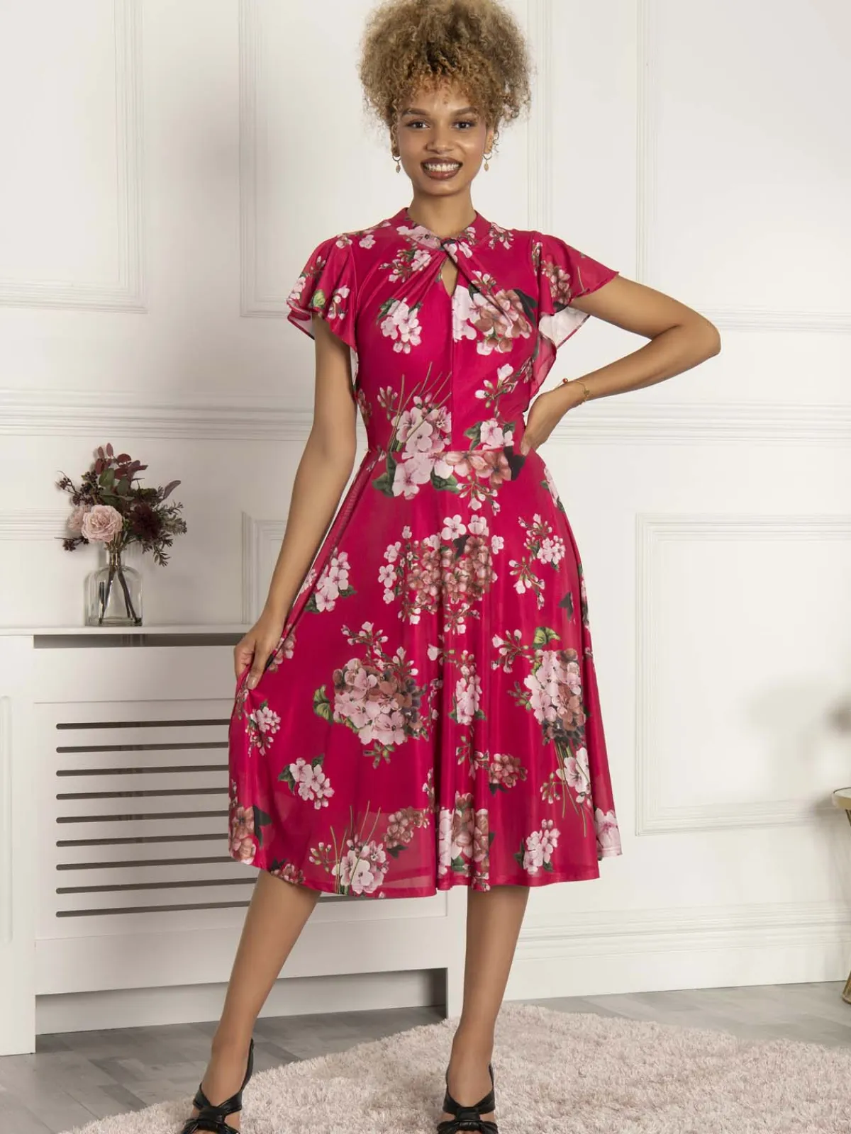 Jolie Moi Occasion Dresses|Mesh Dresses-Luella Floral Print Mesh Dress, Purple Floral
