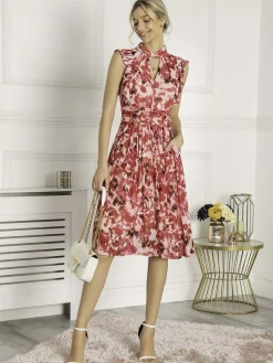 Jolie Moi Occasion Dresses|Midi Dresses-Lunna High Neck Floral Midi Dress, Red Abstract