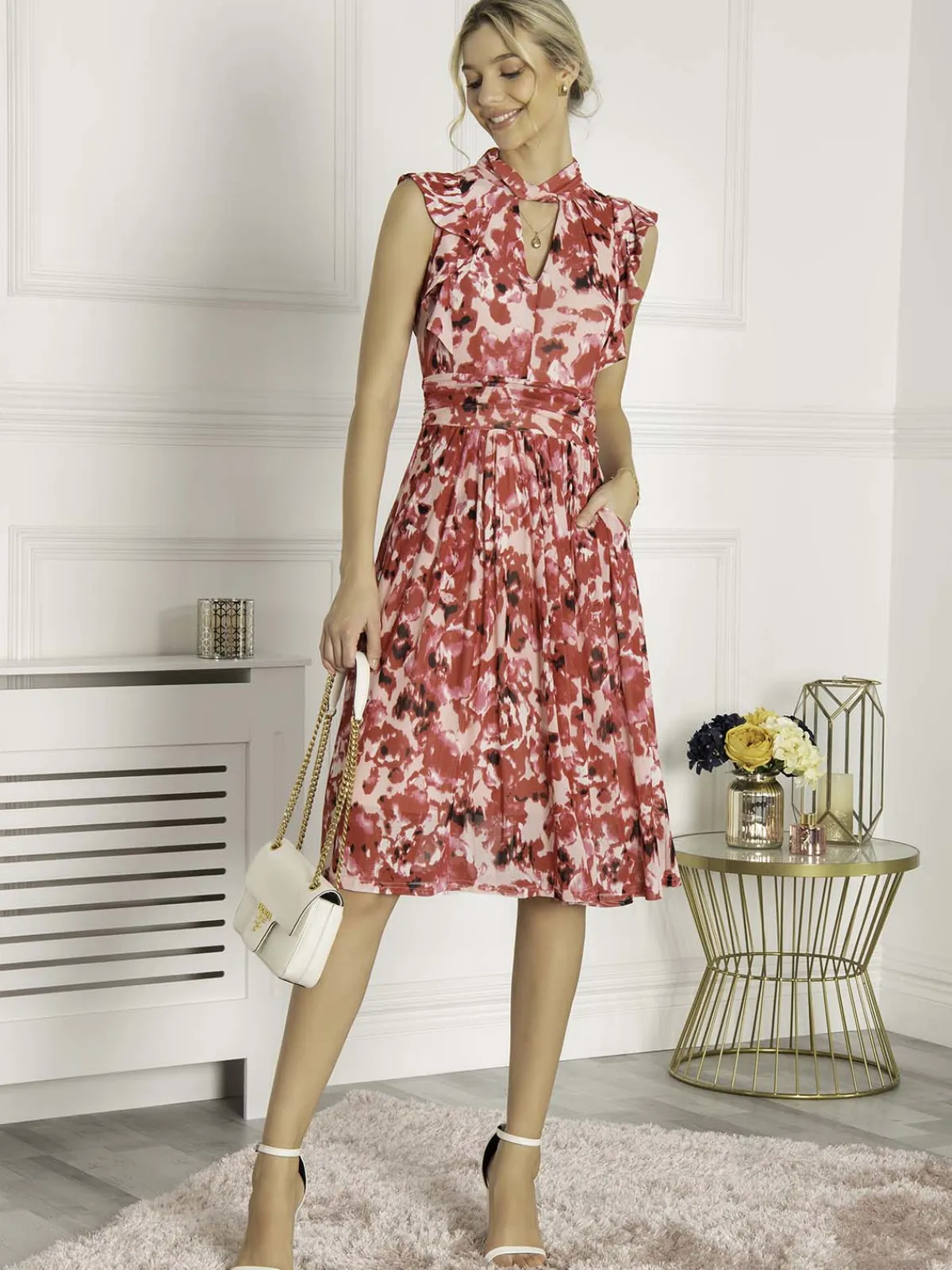 Jolie Moi Occasion Dresses|Midi Dresses-Lunna High Neck Floral Midi Dress, Red Abstract