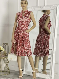 Jolie Moi Occasion Dresses|Midi Dresses-Lunna High Neck Floral Midi Dress, Red Abstract