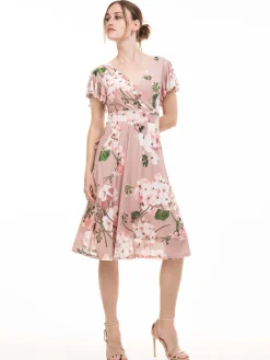 Jolie Moi Occasion Dresses|Floral Dresses-Lylah Cross Front Floral Dress, Pink Floral