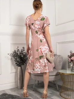 Jolie Moi Occasion Dresses|Floral Dresses-Lylah Cross Front Floral Dress, Pink Floral