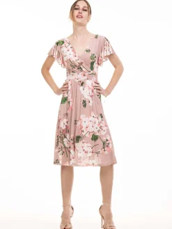 Jolie Moi Occasion Dresses|Floral Dresses-Lylah Cross Front Floral Dress, Pink Floral