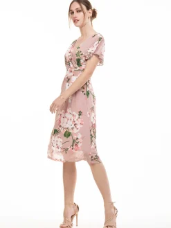 Jolie Moi Occasion Dresses|Floral Dresses-Lylah Cross Front Floral Dress, Pink Floral