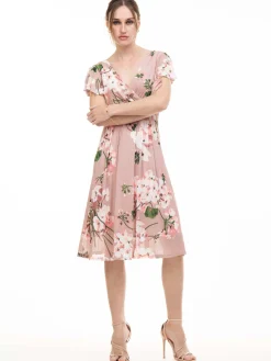 Jolie Moi Occasion Dresses|Floral Dresses-Lylah Cross Front Floral Dress, Pink Floral
