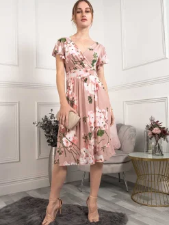 Jolie Moi Occasion Dresses|Floral Dresses-Lylah Cross Front Floral Dress, Pink Floral