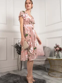 Jolie Moi Occasion Dresses|Floral Dresses-Lylah Cross Front Floral Dress, Pink Floral