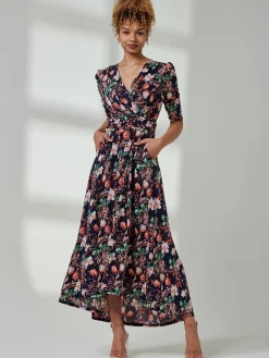 Jolie Moi Jersey Dresses|Wrap Dresses-Maanasi Ruched Sleeve Jersey Maxi Dress, Navy Floral