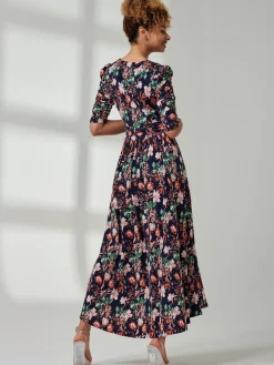 Jolie Moi Jersey Dresses|Wrap Dresses-Maanasi Ruched Sleeve Jersey Maxi Dress, Navy Floral