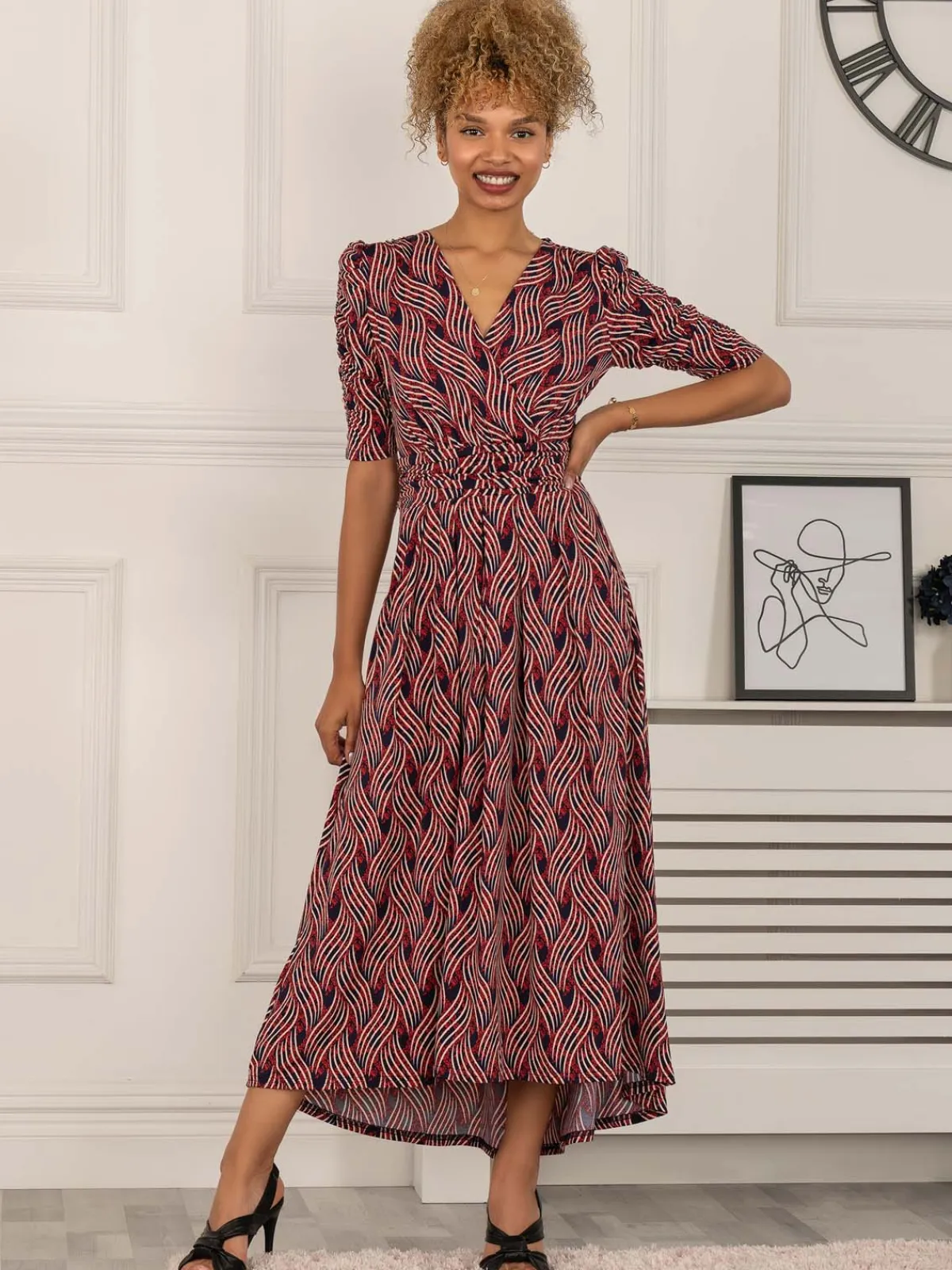 Jolie Moi Occasion Dresses|Jersey Dresses-Maanasi Ruched Sleeve Jersey Maxi Dress, Red Abstract