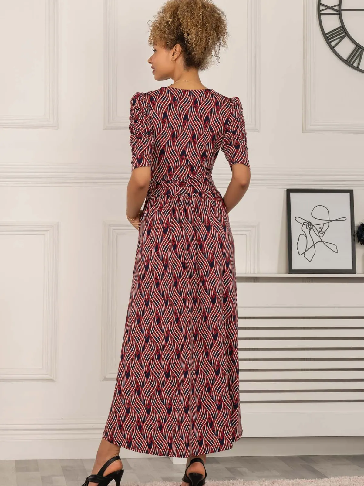 Jolie Moi Occasion Dresses|Jersey Dresses-Maanasi Ruched Sleeve Jersey Maxi Dress, Red Abstract